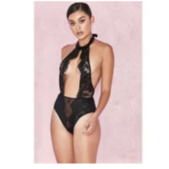 House Of CB London Womens Alcy Bodysuit Black Sleeveless Sheer Cutout Sexy M New